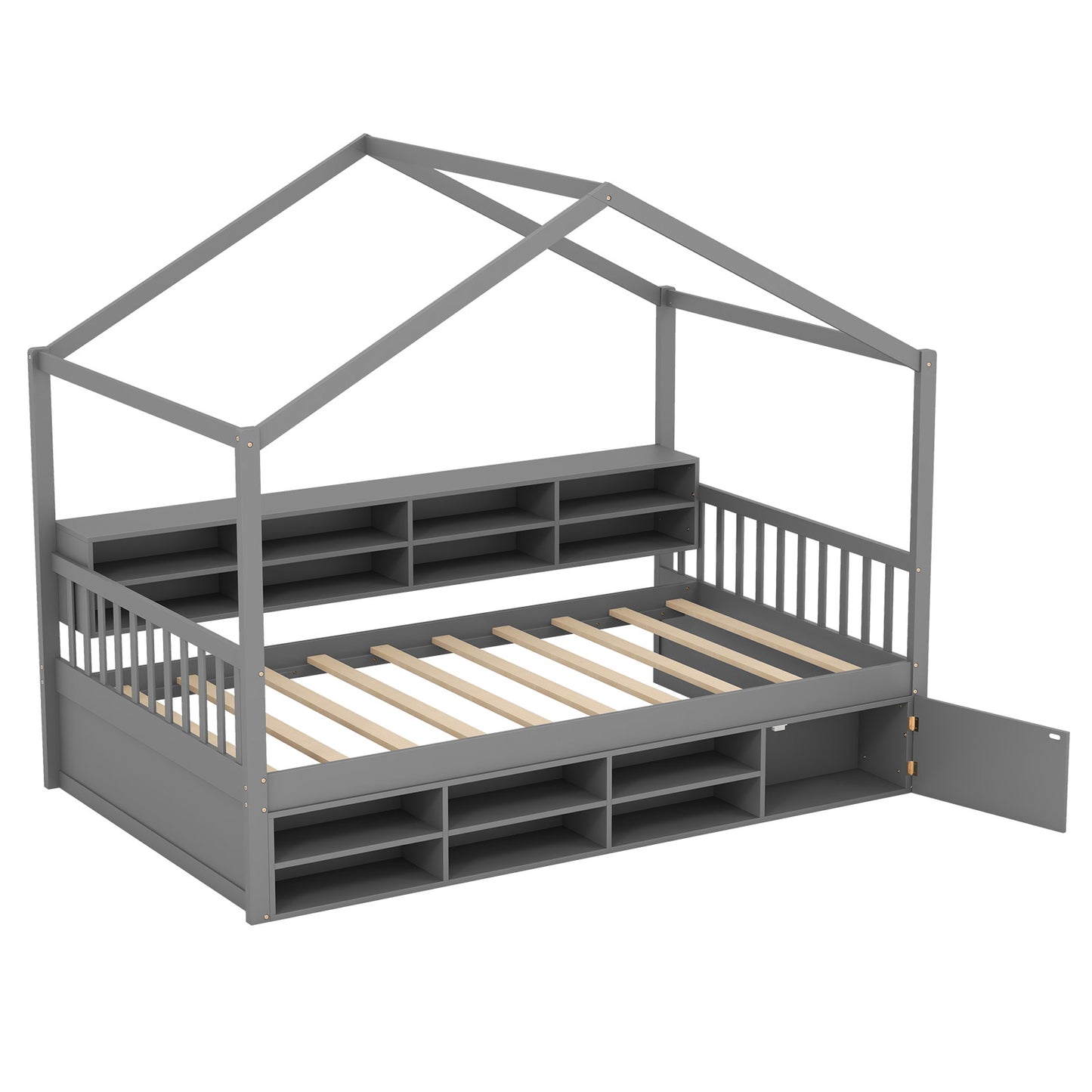 Twin Size House Bed With Roof, 14 Storage Cubes, Enclosed Cabinet, Gray Trundle Bed Frame at Gallery Canada