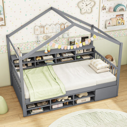 Twin Size House Bed with Roof with 14 Storage Cubes and Enclosed Cabinet, Gray Trundle Bed Frame at Gallery Canada
