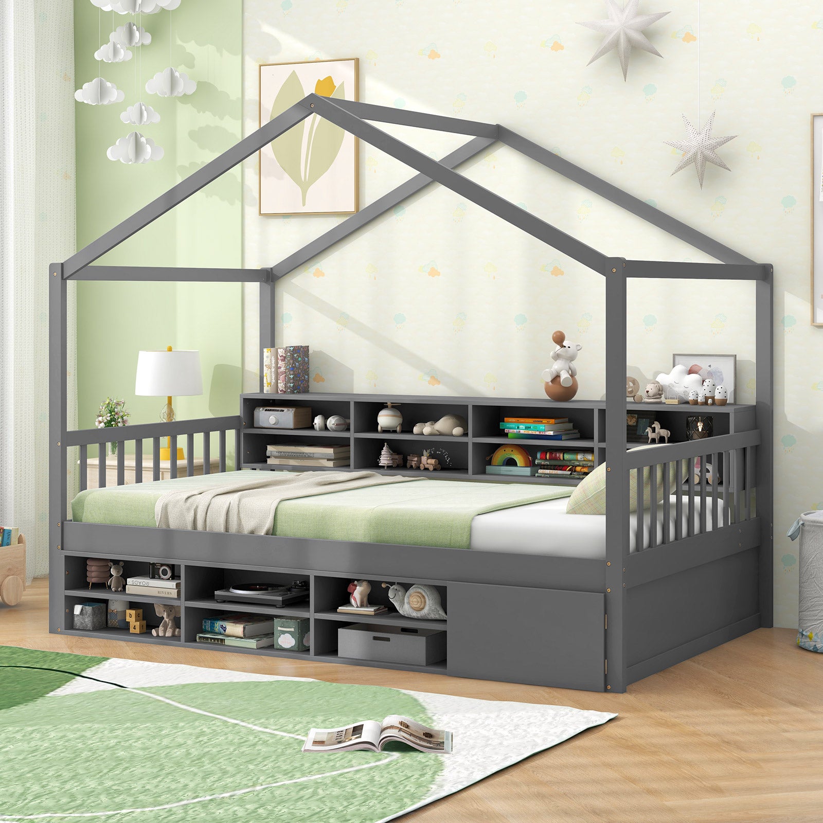 Twin Size House Bed with Roof with 14 Storage Cubes and Enclosed Cabinet, Gray Trundle Bed Frame at Gallery Canada