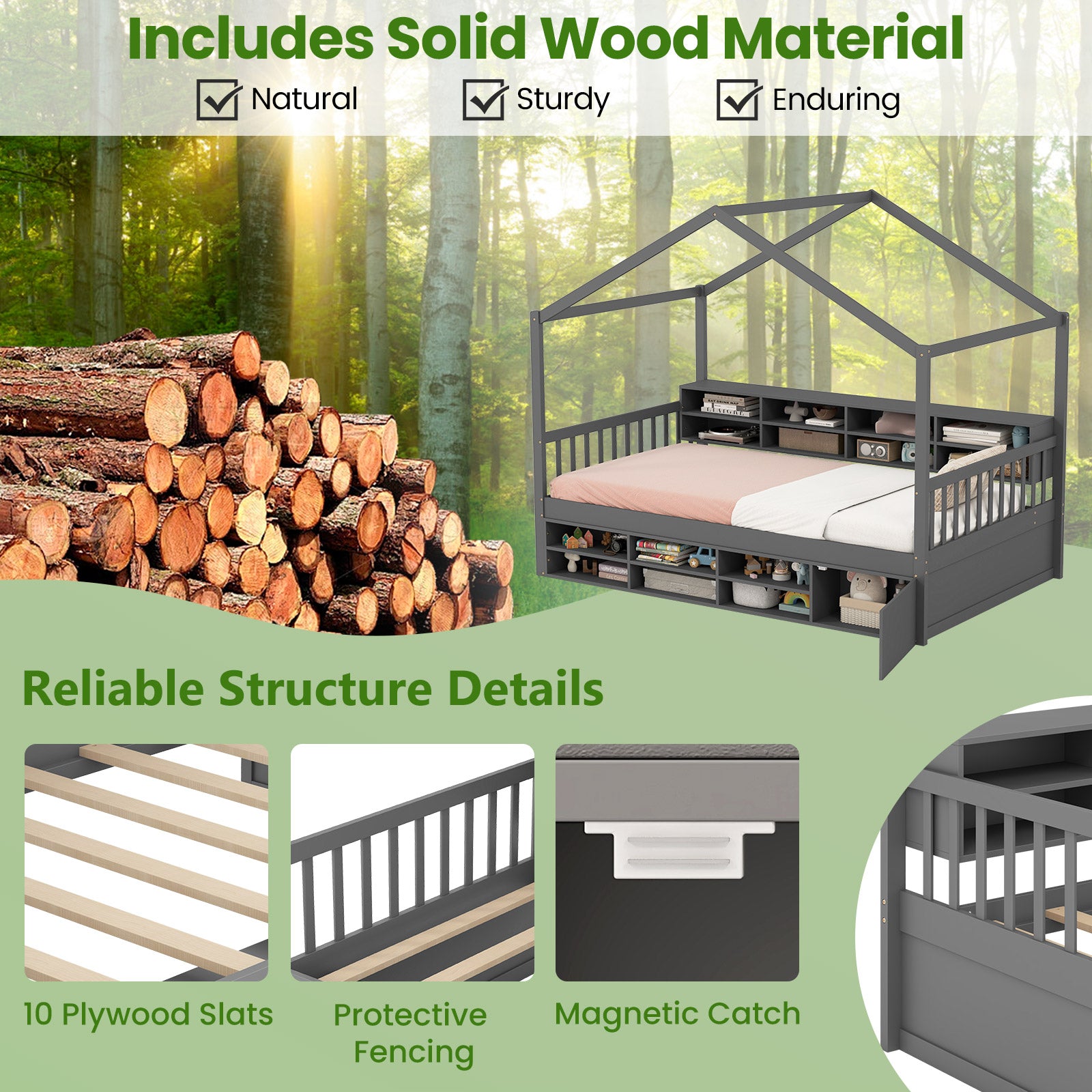 Twin Size House Bed with Roof with 14 Storage Cubes and Enclosed Cabinet, Gray Trundle Bed Frame at Gallery Canada