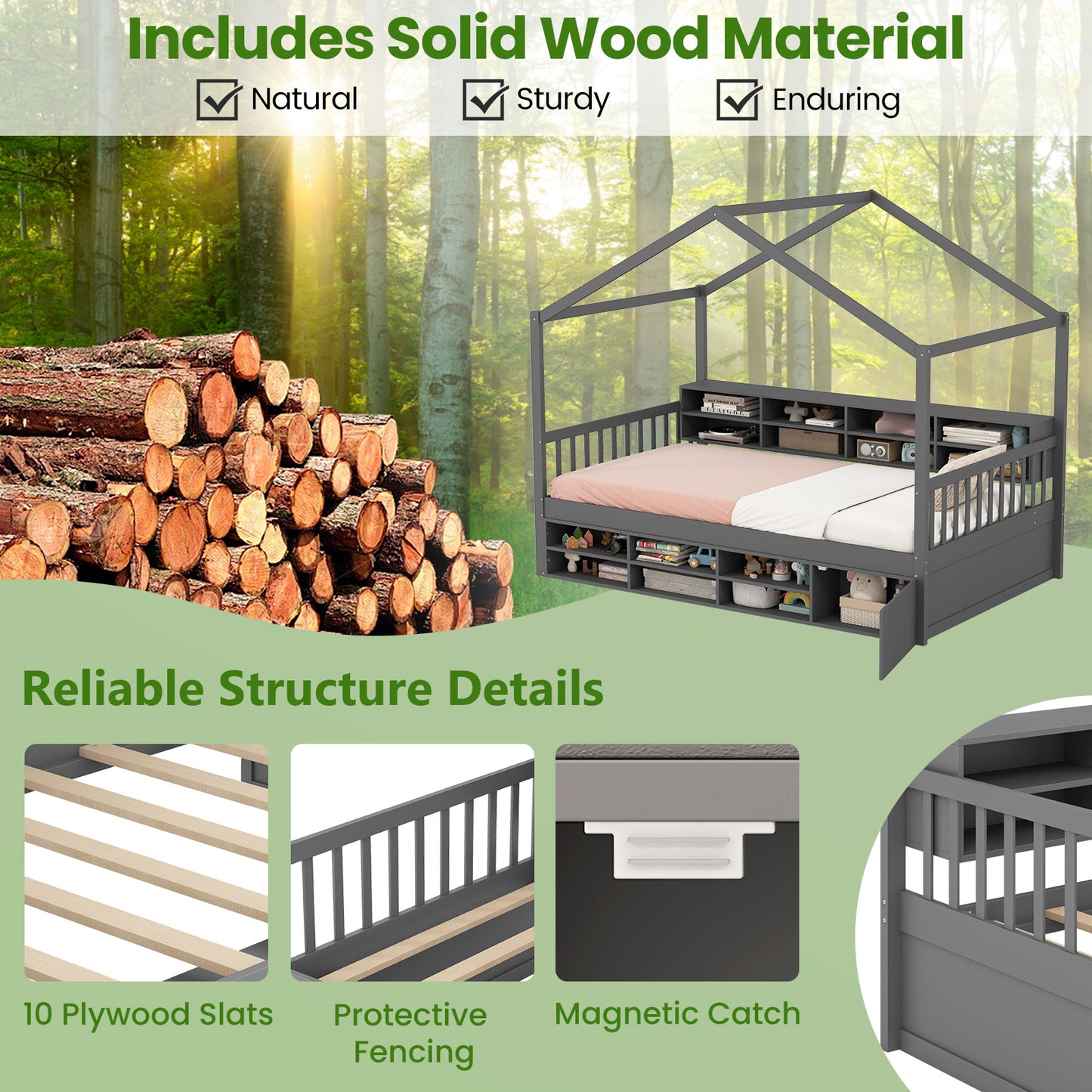 Twin Size House Bed with Roof with 14 Storage Cubes and Enclosed Cabinet, Gray Trundle Bed Frame at Gallery Canada