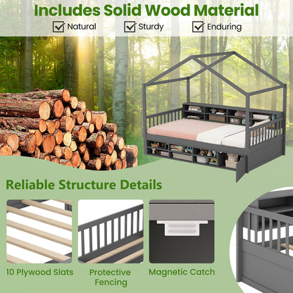 Twin Size House Bed with Roof with 14 Storage Cubes and Enclosed Cabinet, Gray Trundle Bed Frame at Gallery Canada