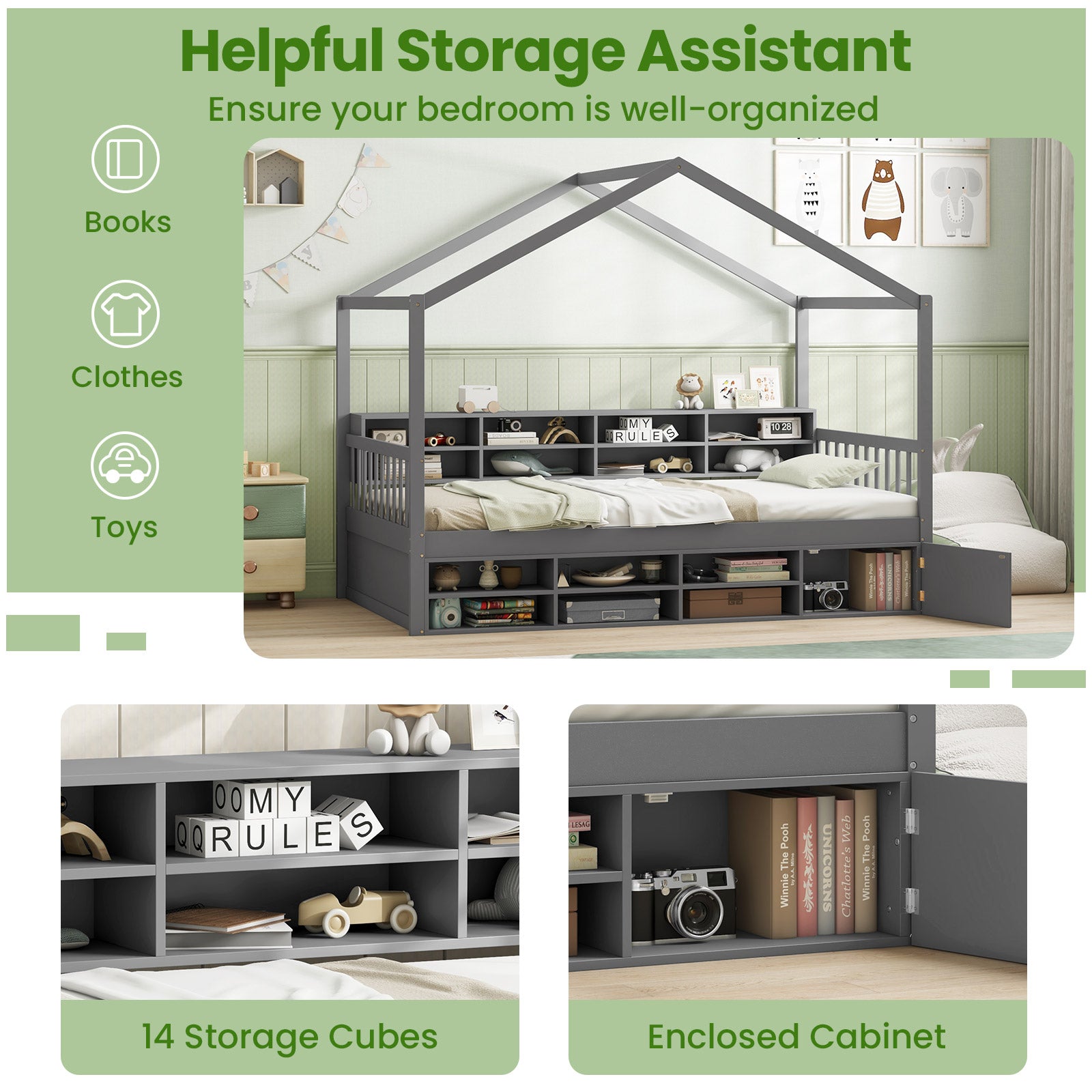 Twin Size House Bed with Roof with 14 Storage Cubes and Enclosed Cabinet, Gray Trundle Bed Frame at Gallery Canada