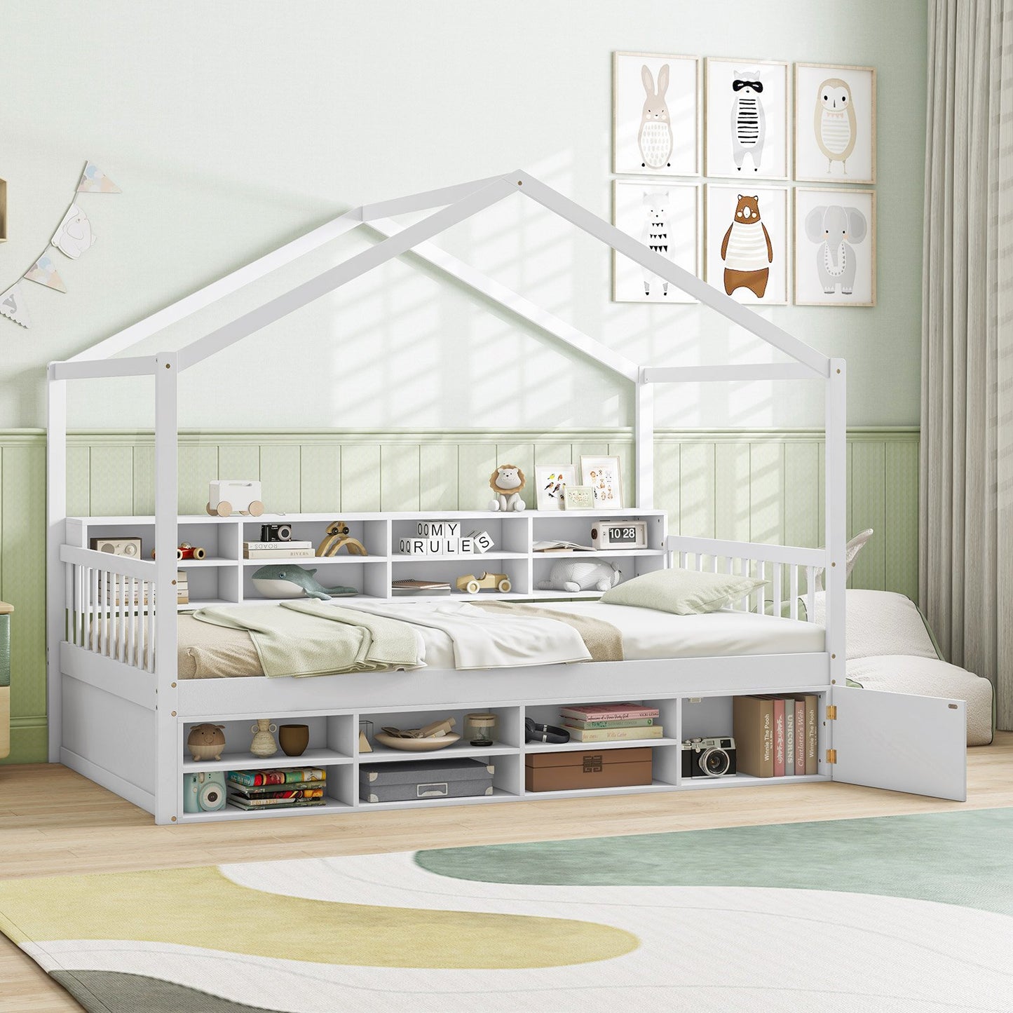 Twin Size House Bed with Roof with 14 Storage Cubes and Enclosed Cabinet, White Trundle Bed Frame at Gallery Canada