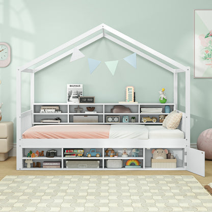 Twin Size House Bed with Roof with 14 Storage Cubes and Enclosed Cabinet, White Trundle Bed Frame at Gallery Canada
