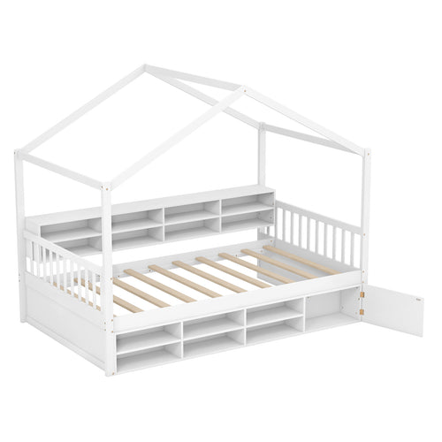 Twin Size House Bed With Roof, 14 Storage Cubes, Enclosed Cabinet, White