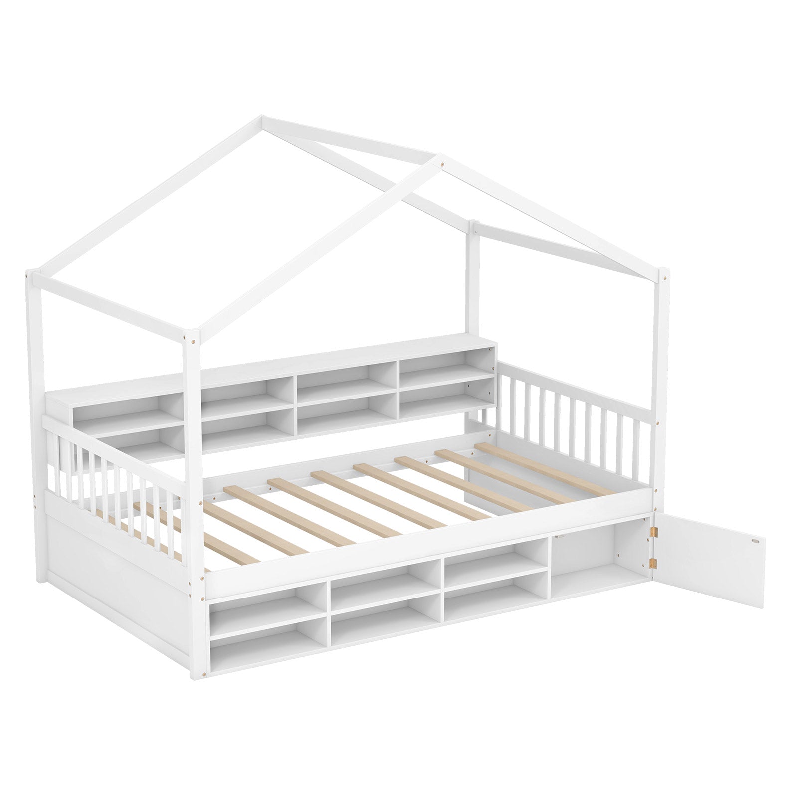 Twin Size House Bed with Roof with 14 Storage Cubes and Enclosed Cabinet, White Trundle Bed Frame at Gallery Canada