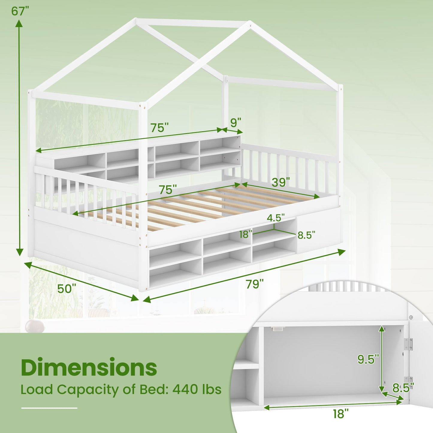 Twin Size House Bed with Roof with 14 Storage Cubes and Enclosed Cabinet, White Trundle Bed Frame at Gallery Canada