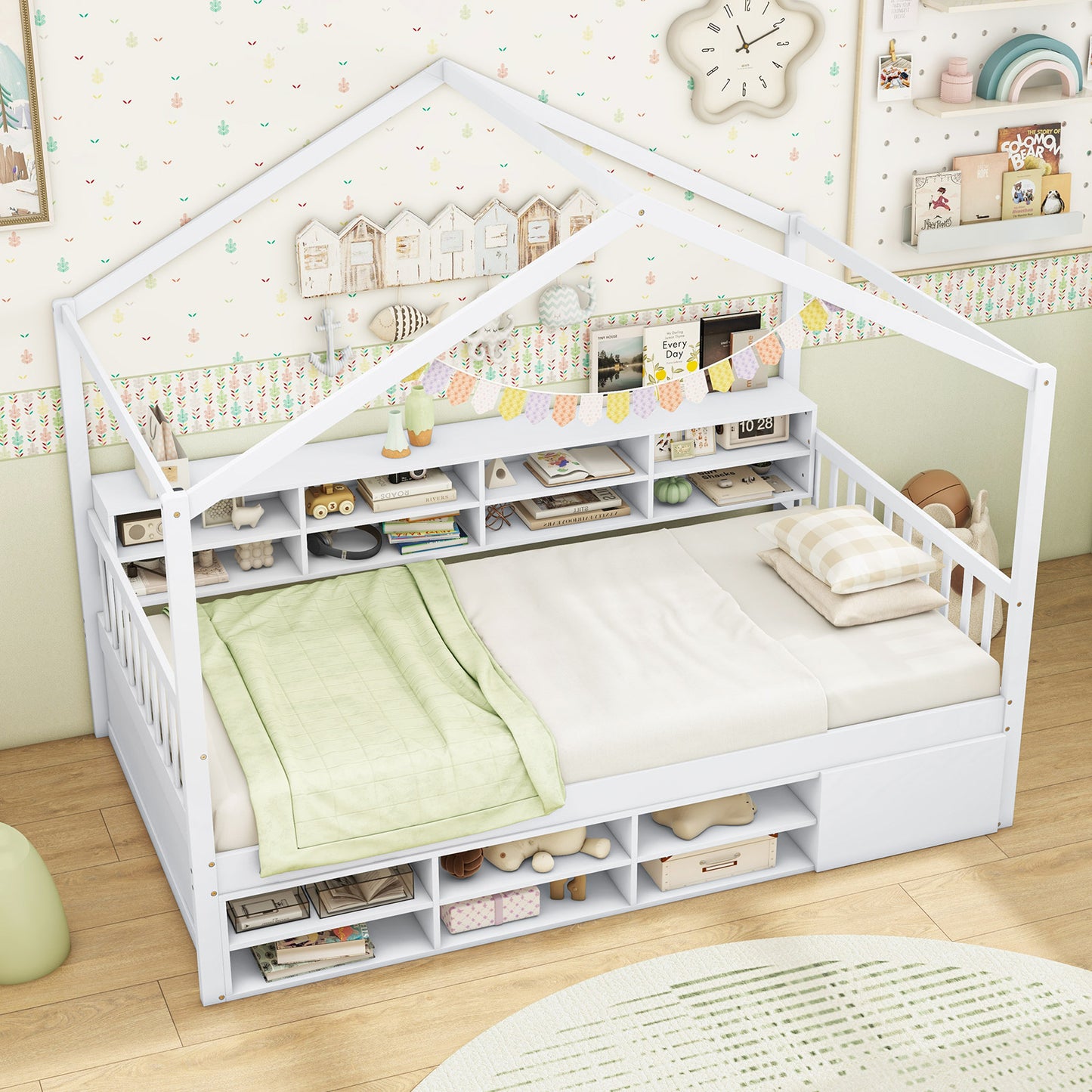 Twin Size House Bed with Roof with 14 Storage Cubes and Enclosed Cabinet, White Trundle Bed Frame at Gallery Canada