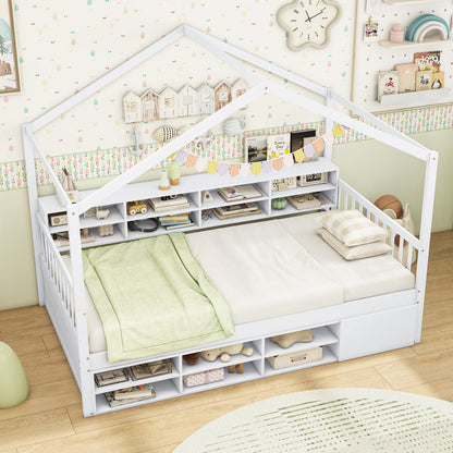 Twin Size House Bed with Roof with 14 Storage Cubes and Enclosed Cabinet, White Trundle Bed Frame at Gallery Canada