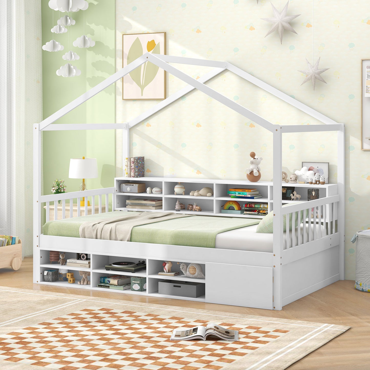 Twin Size House Bed with Roof with 14 Storage Cubes and Enclosed Cabinet, White Trundle Bed Frame at Gallery Canada
