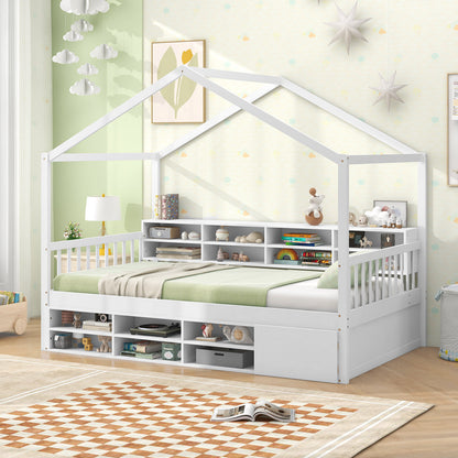 Twin Size House Bed with Roof with 14 Storage Cubes and Enclosed Cabinet, White Trundle Bed Frame at Gallery Canada