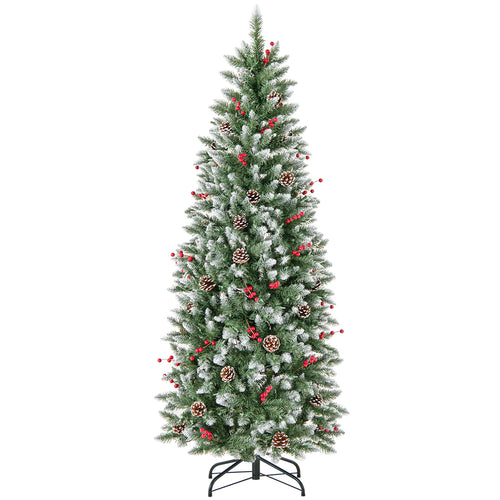 Pre-lit Artificial Pencil Christmas Tree with Pine Cones and Red Berries-6 ft, Green