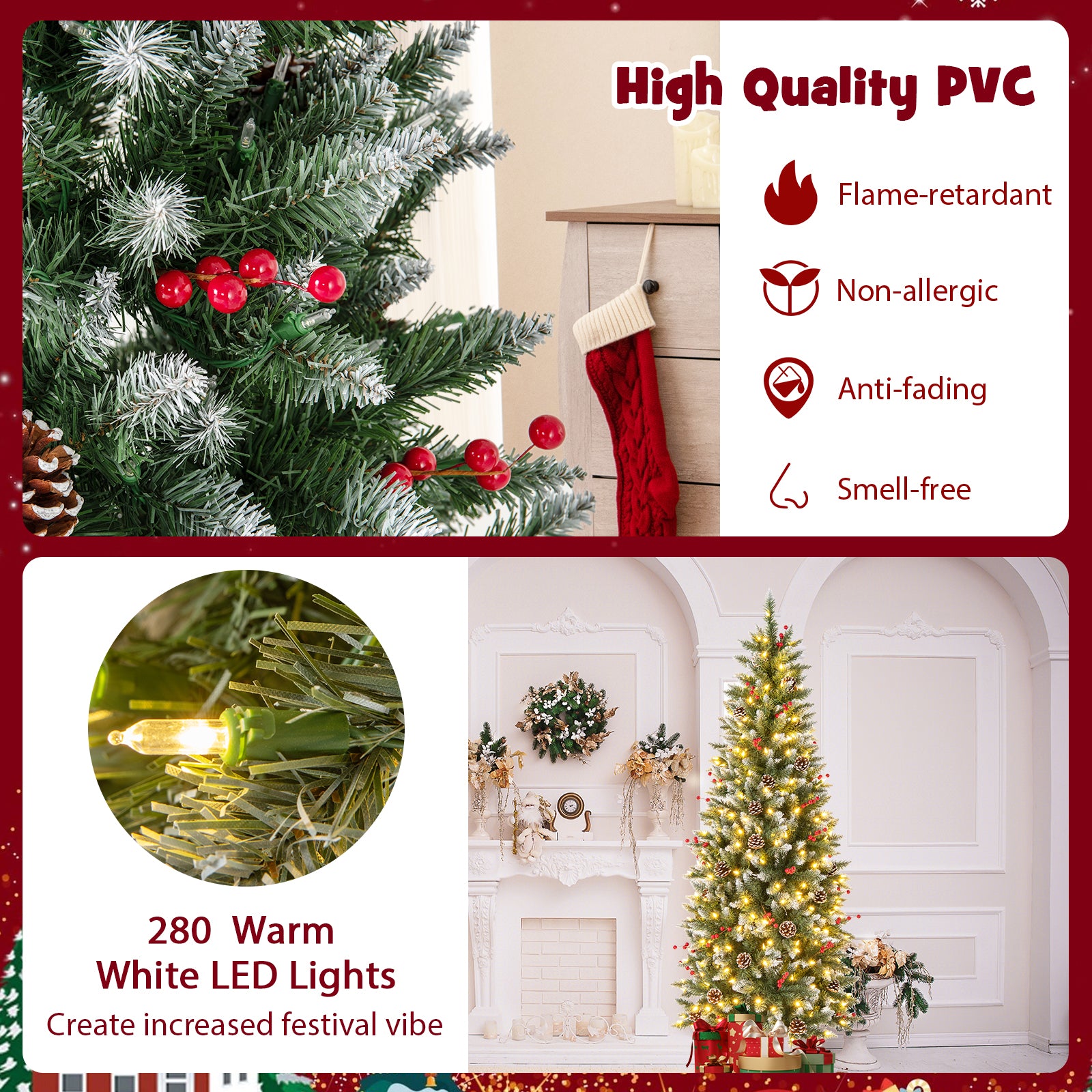 Pre-lit Artificial Pencil Christmas Tree with Pine Cones and Red Berries-6 ft, Green Christmas Tree at Gallery Canada