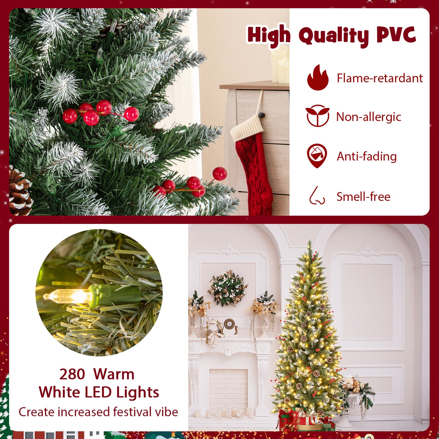 Pre-lit Artificial Pencil Christmas Tree with Pine Cones and Red Berries-6 ft, Green Christmas Tree at Gallery Canada