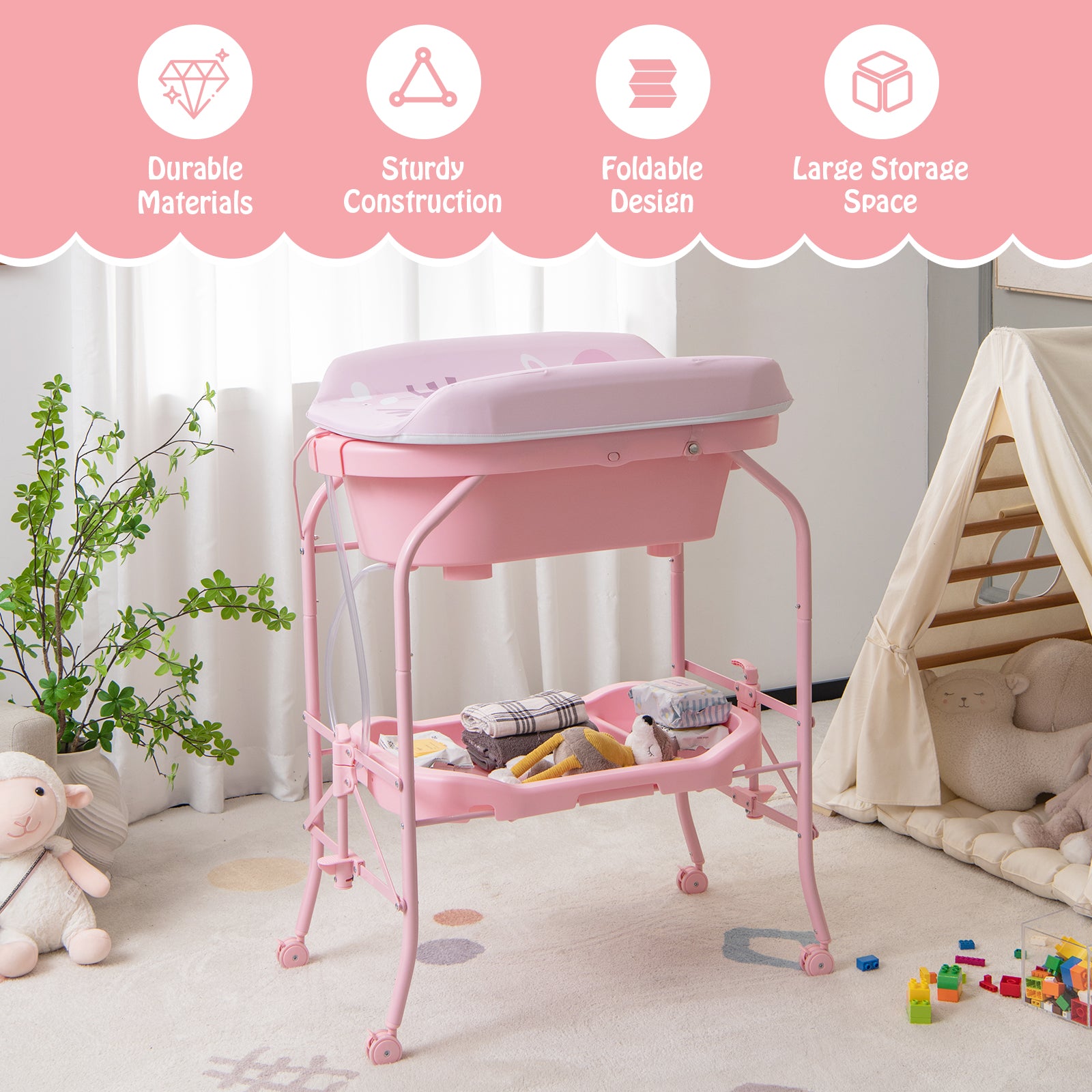 Folding Baby Changing Table with Bathtub and 4 Universal Wheels, Pink Changing Tables at Gallery Canada