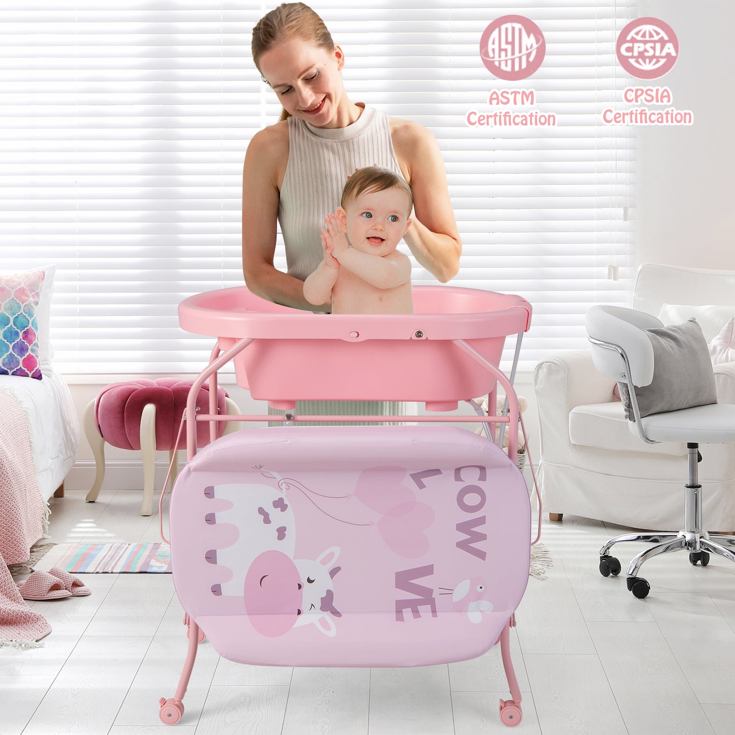 Folding Baby Changing Table with Bathtub and 4 Universal Wheels, Pink Changing Tables at Gallery Canada