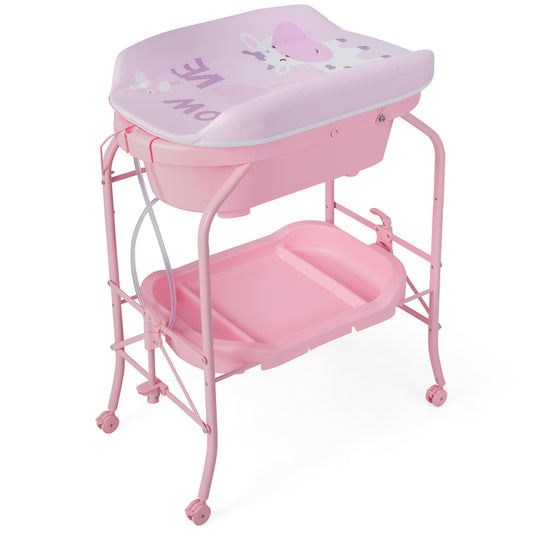 Folding Baby Changing Table With Bathtub, 4 Wheels, Pink Changing Tables Pink at Gallery Canada