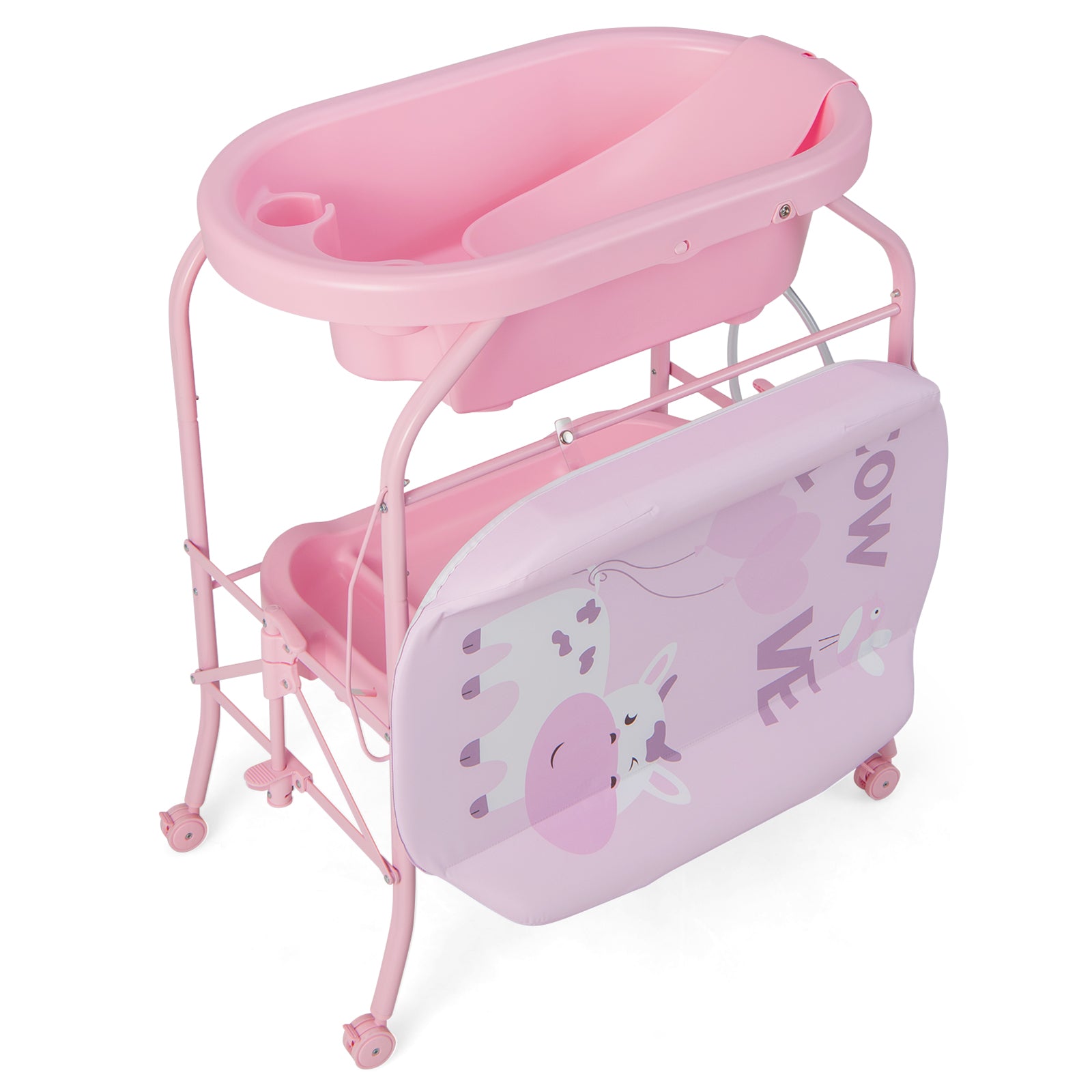 Folding Baby Changing Table with Bathtub and 4 Universal Wheels, Pink Changing Tables at Gallery Canada