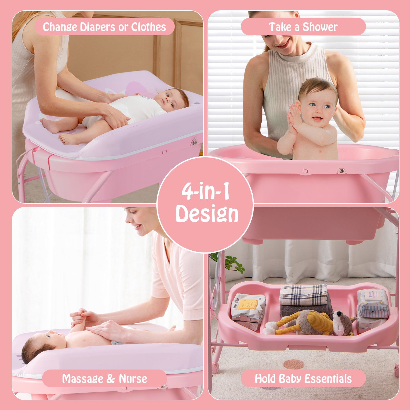 Folding Baby Changing Table with Bathtub and 4 Universal Wheels, Pink Changing Tables at Gallery Canada