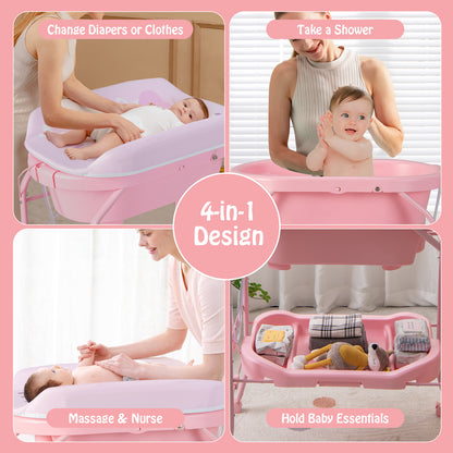 Folding Baby Changing Table with Bathtub and 4 Universal Wheels, Pink Changing Tables at Gallery Canada