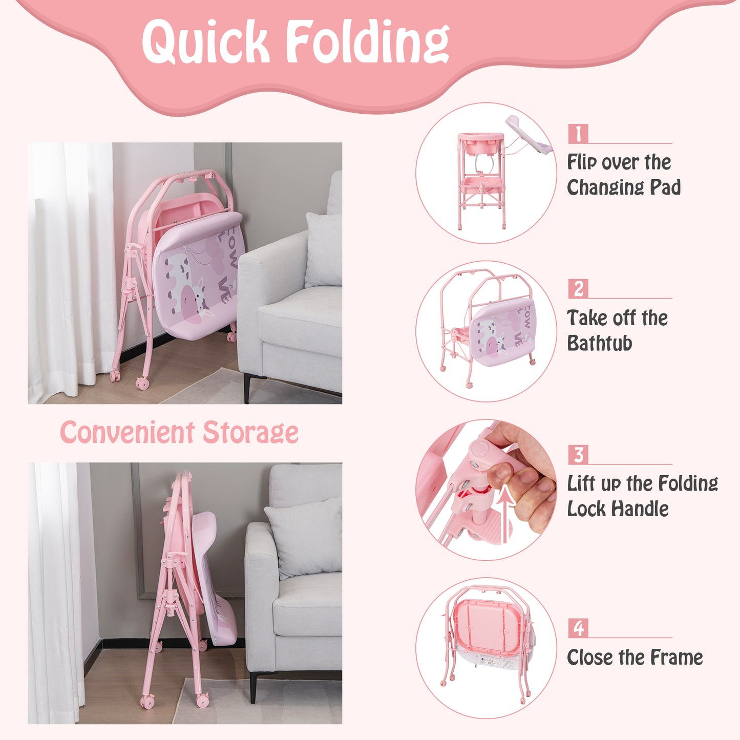 Folding Baby Changing Table with Bathtub and 4 Universal Wheels, Pink Changing Tables at Gallery Canada