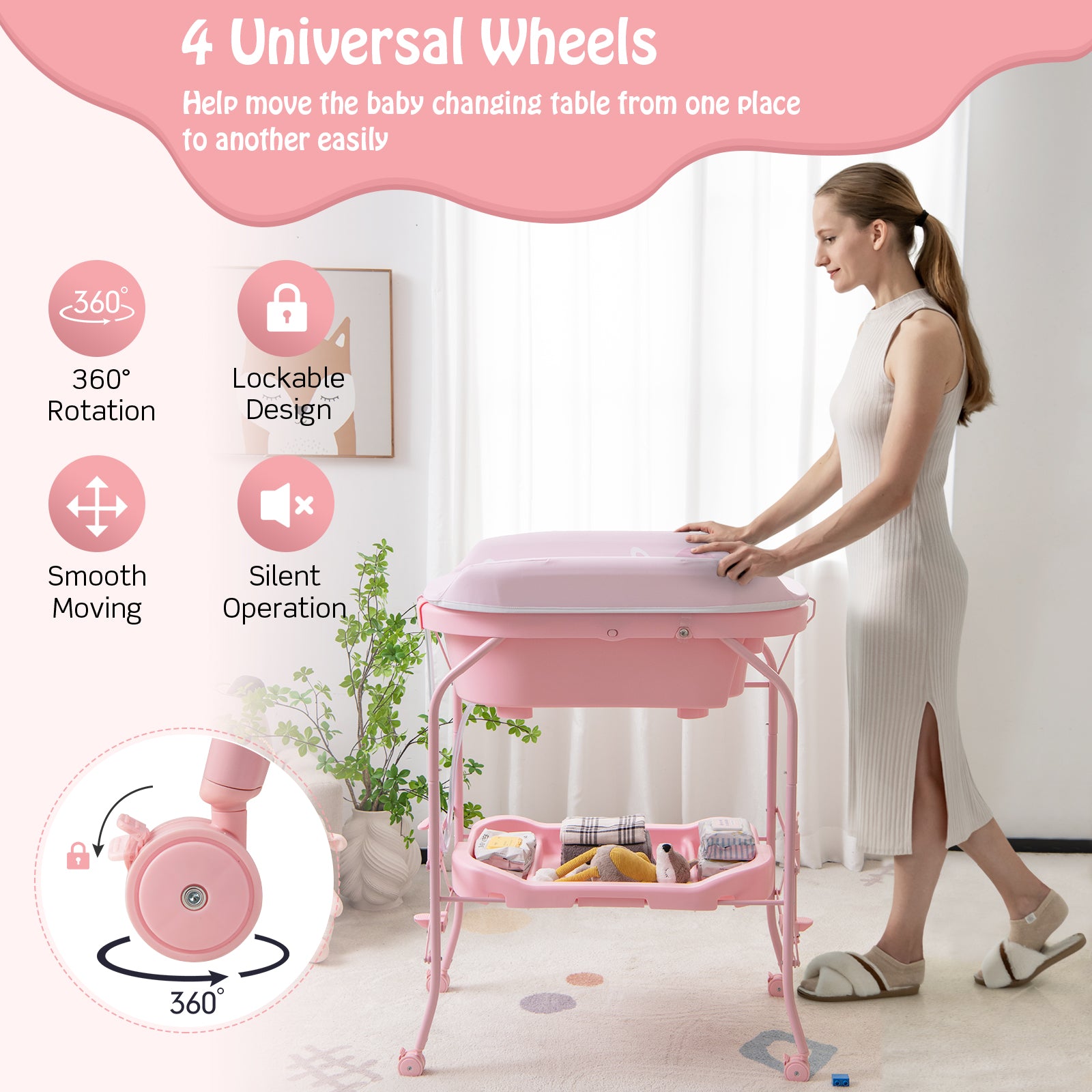 Folding Baby Changing Table with Bathtub and 4 Universal Wheels, Pink Changing Tables at Gallery Canada