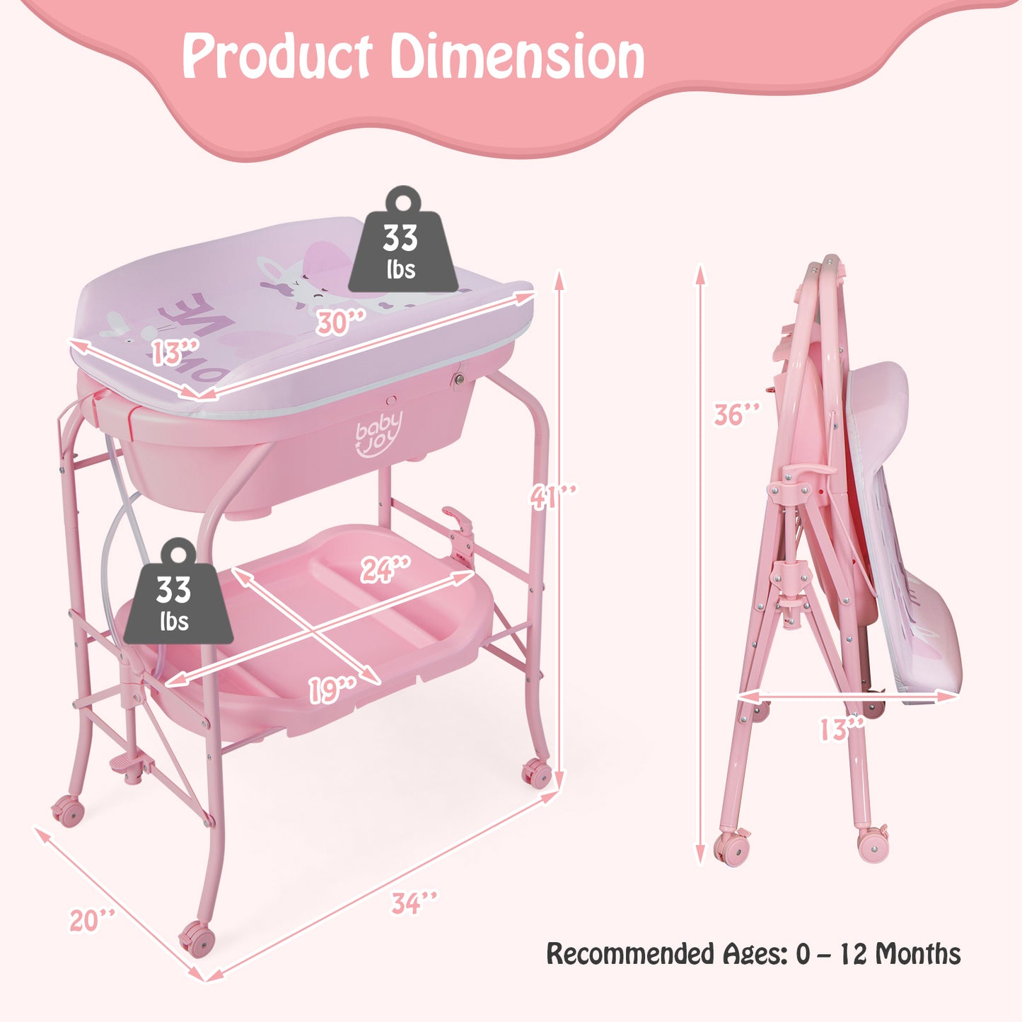 Folding Baby Changing Table with Bathtub and 4 Universal Wheels, Pink Changing Tables at Gallery Canada