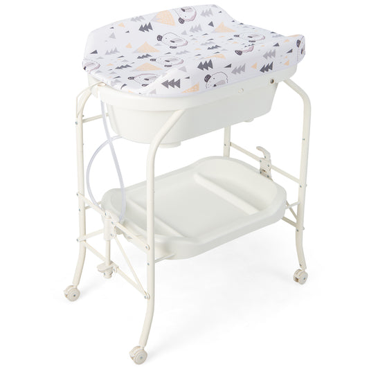Folding Baby Changing Table With Bathtub, 4 Wheels, White Changing Tables White at Gallery Canada