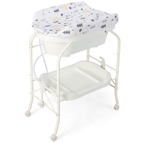 Folding Baby Changing Table With Bathtub, 4 Wheels, White