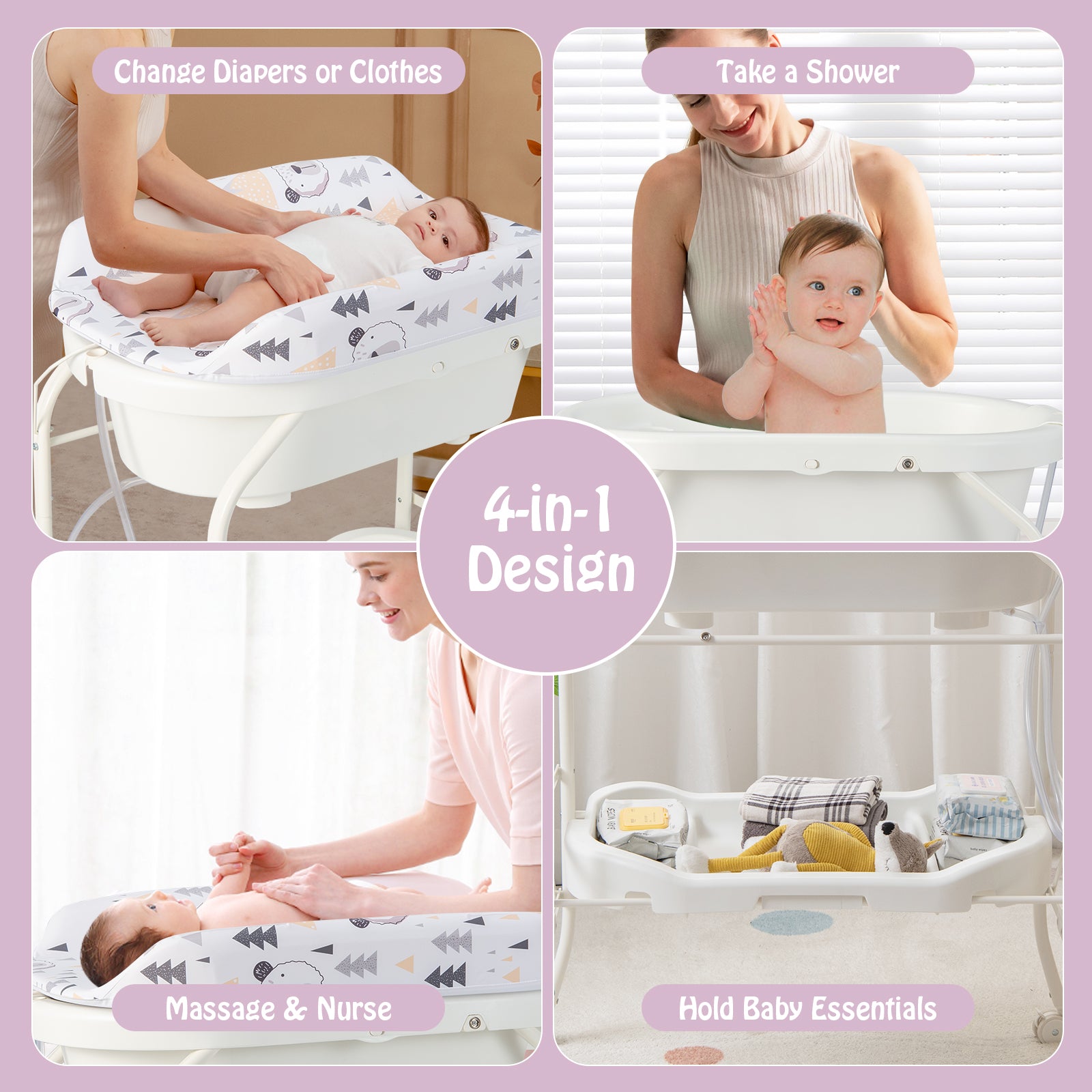 Folding Baby Changing Table with Bathtub and 4 Universal Wheels, White Changing Tables at Gallery Canada