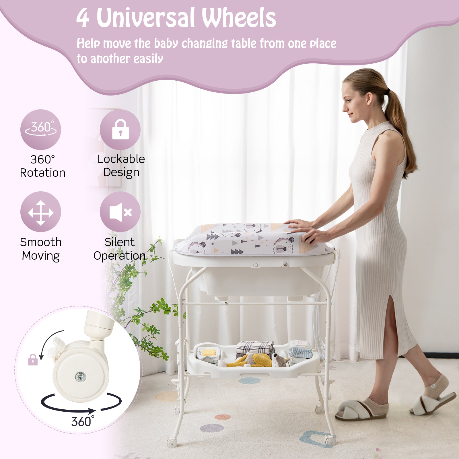 Folding Baby Changing Table with Bathtub and 4 Universal Wheels, White Changing Tables at Gallery Canada