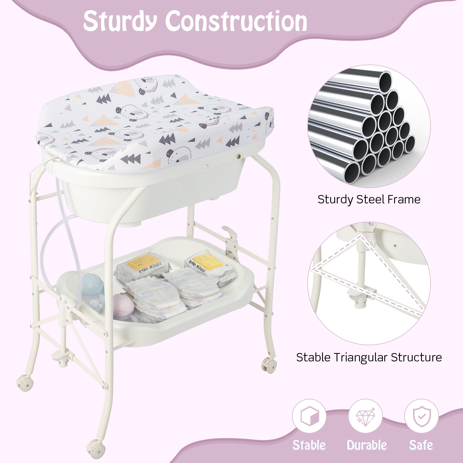 Folding Baby Changing Table With Bathtub, 4 Wheels, White Changing Tables at Gallery Canada