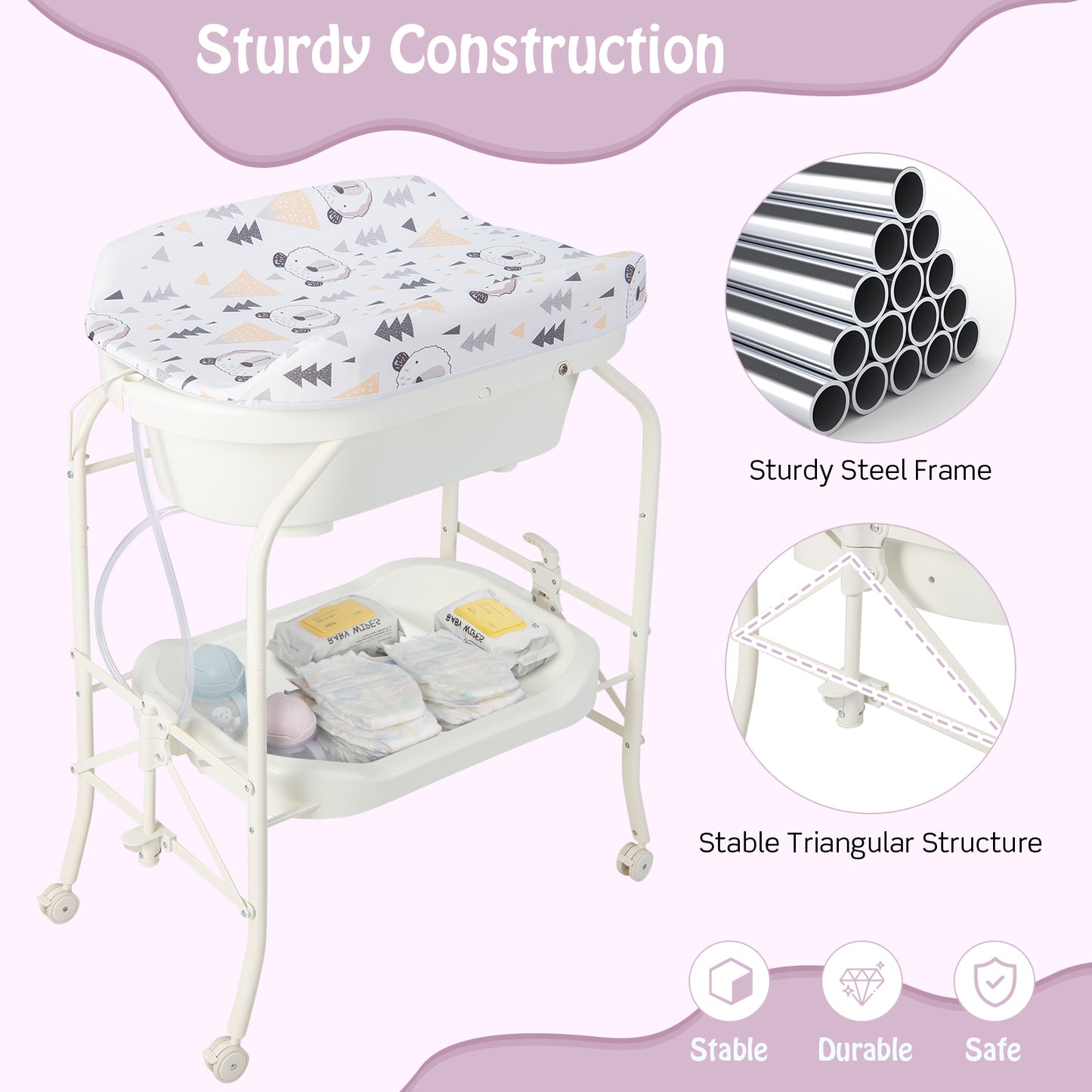 Folding Baby Changing Table With Bathtub, 4 Wheels, White Changing Tables at Gallery Canada