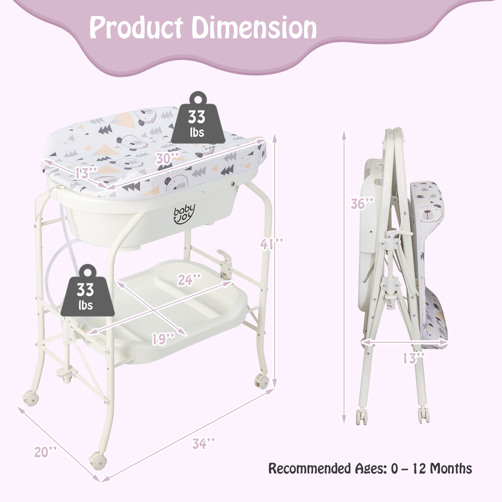Folding Baby Changing Table with Bathtub and 4 Universal Wheels, White Changing Tables at Gallery Canada