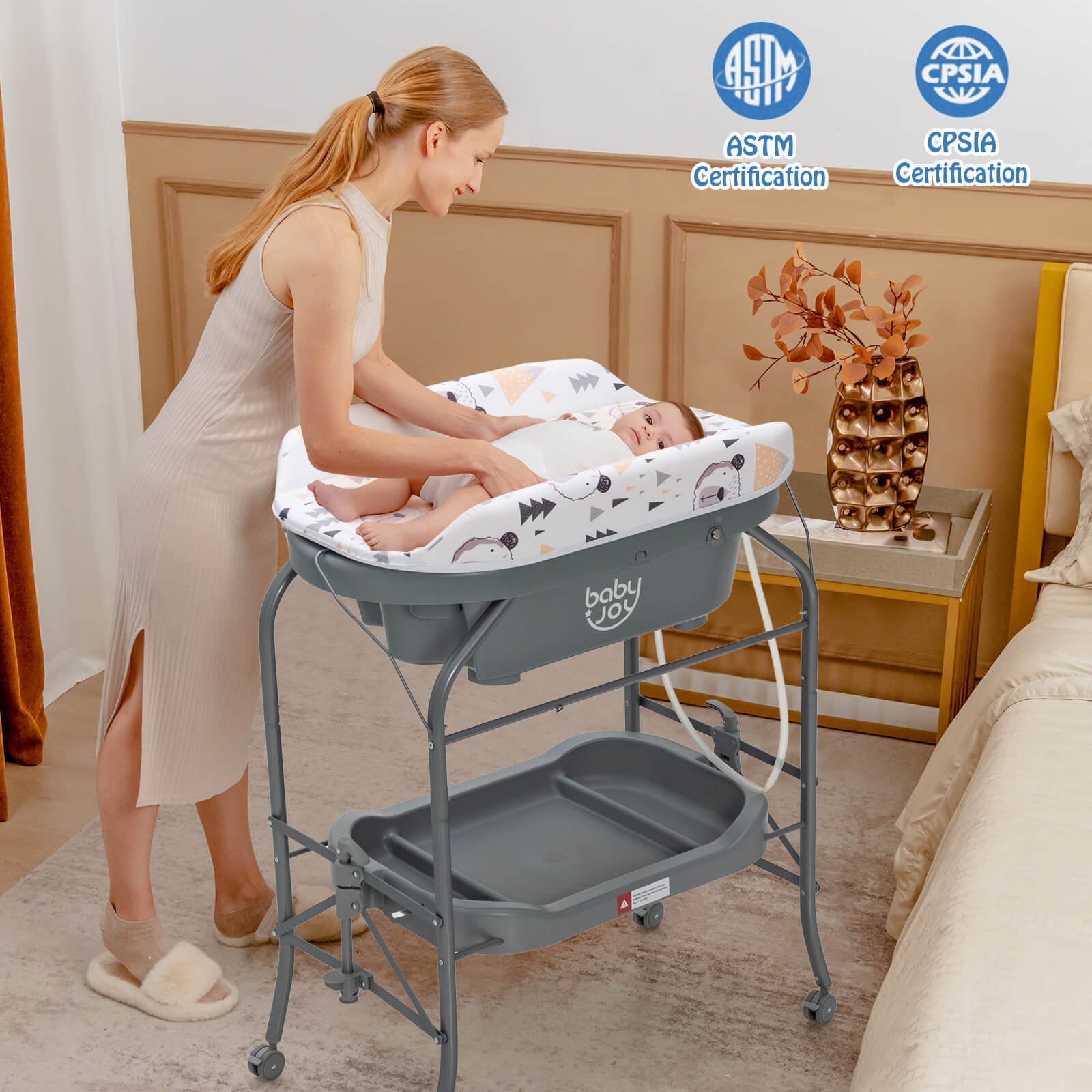 Portable Baby Changing Table with Storage Basket and Shelves, Gray Changing Tables at Gallery Canada