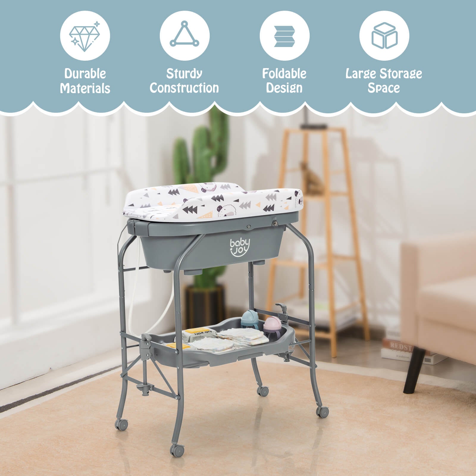 Portable Baby Changing Table with Storage Basket and Shelves, Gray Changing Tables at Gallery Canada