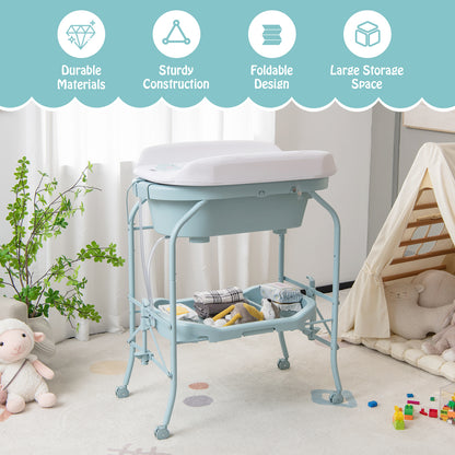 Folding Baby Changing Table with Bathtub and 4 Universal Wheels, Blue Changing Tables at Gallery Canada