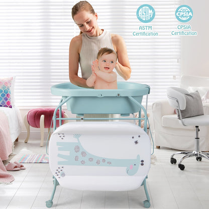 Folding Baby Changing Table with Bathtub and 4 Universal Wheels, Blue Changing Tables at Gallery Canada