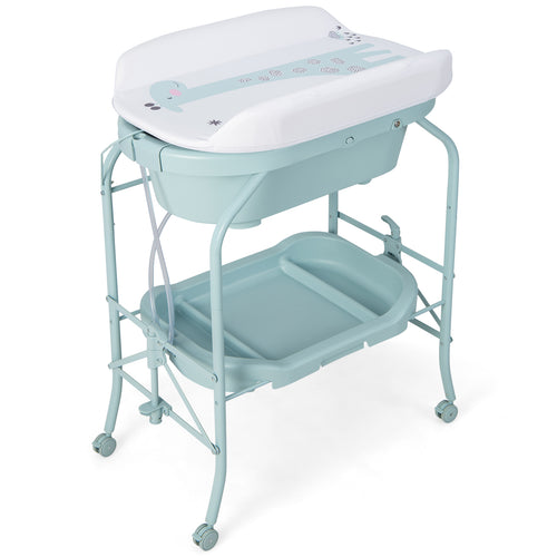Folding Baby Changing Table With Bathtub, 4 Wheels, Blue