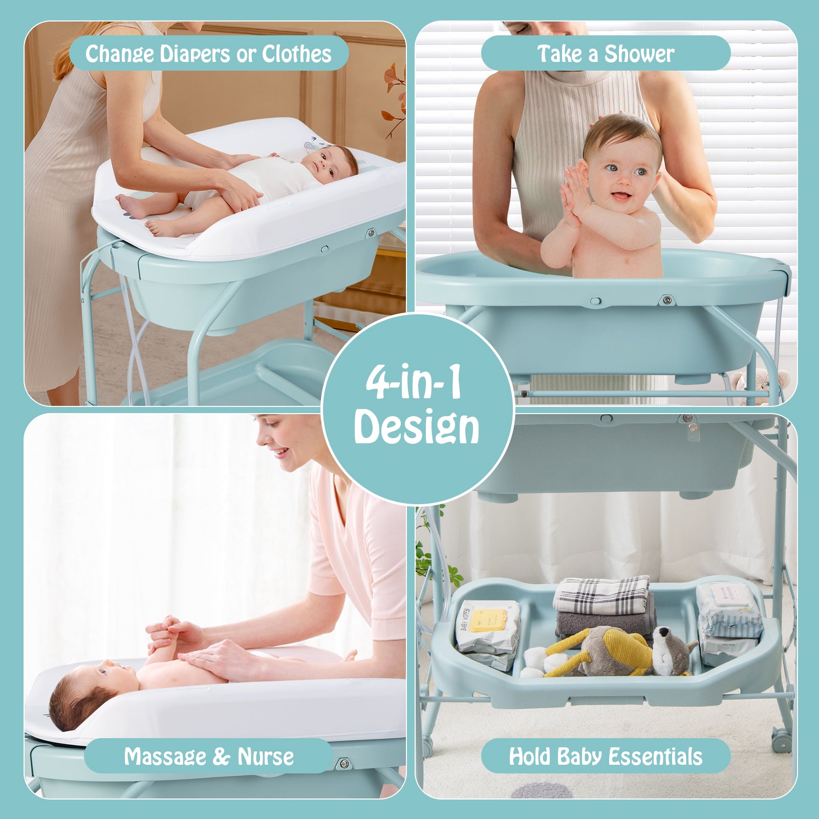 Folding Baby Changing Table with Bathtub and 4 Universal Wheels, Blue Changing Tables at Gallery Canada