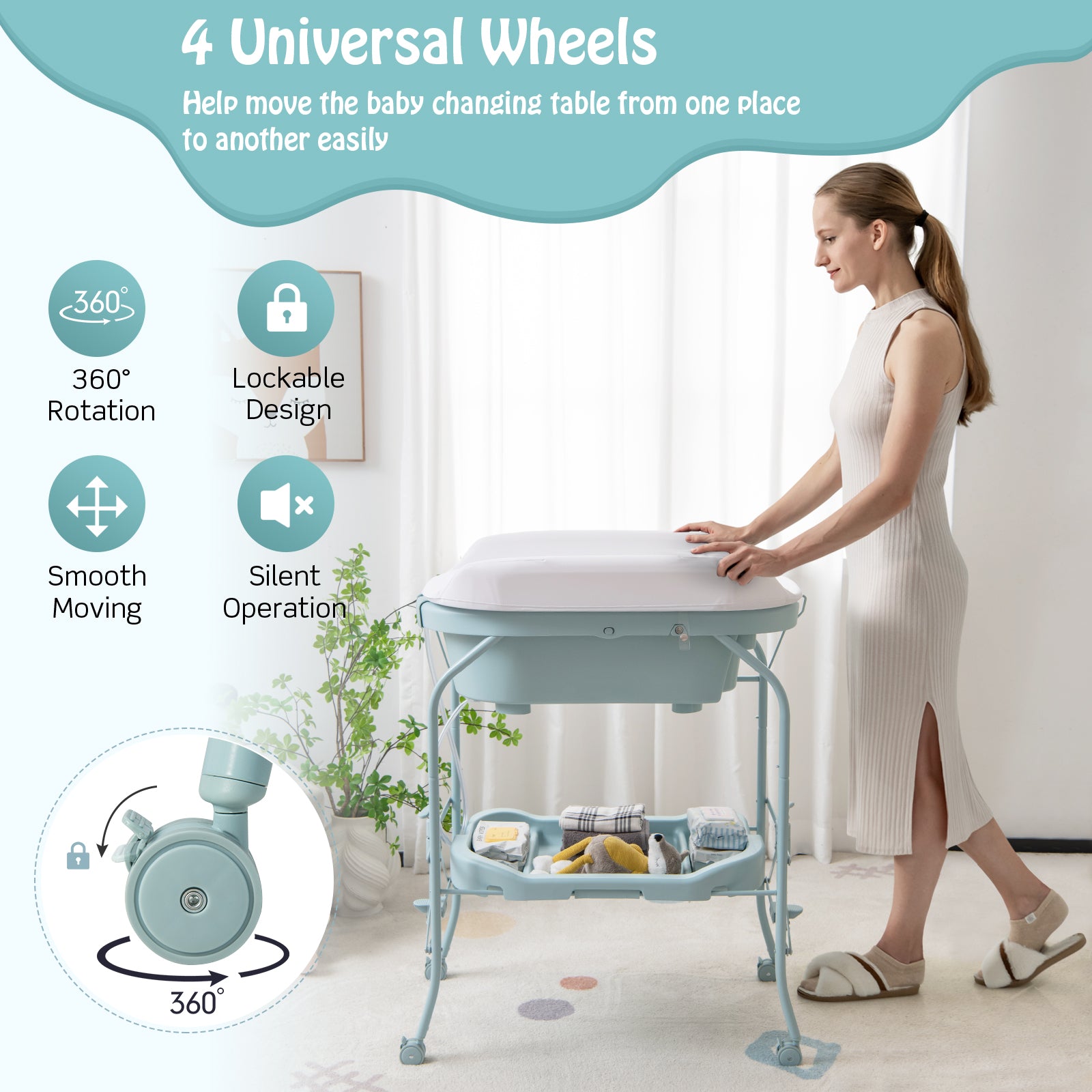 Folding Baby Changing Table with Bathtub and 4 Universal Wheels, Blue Changing Tables at Gallery Canada