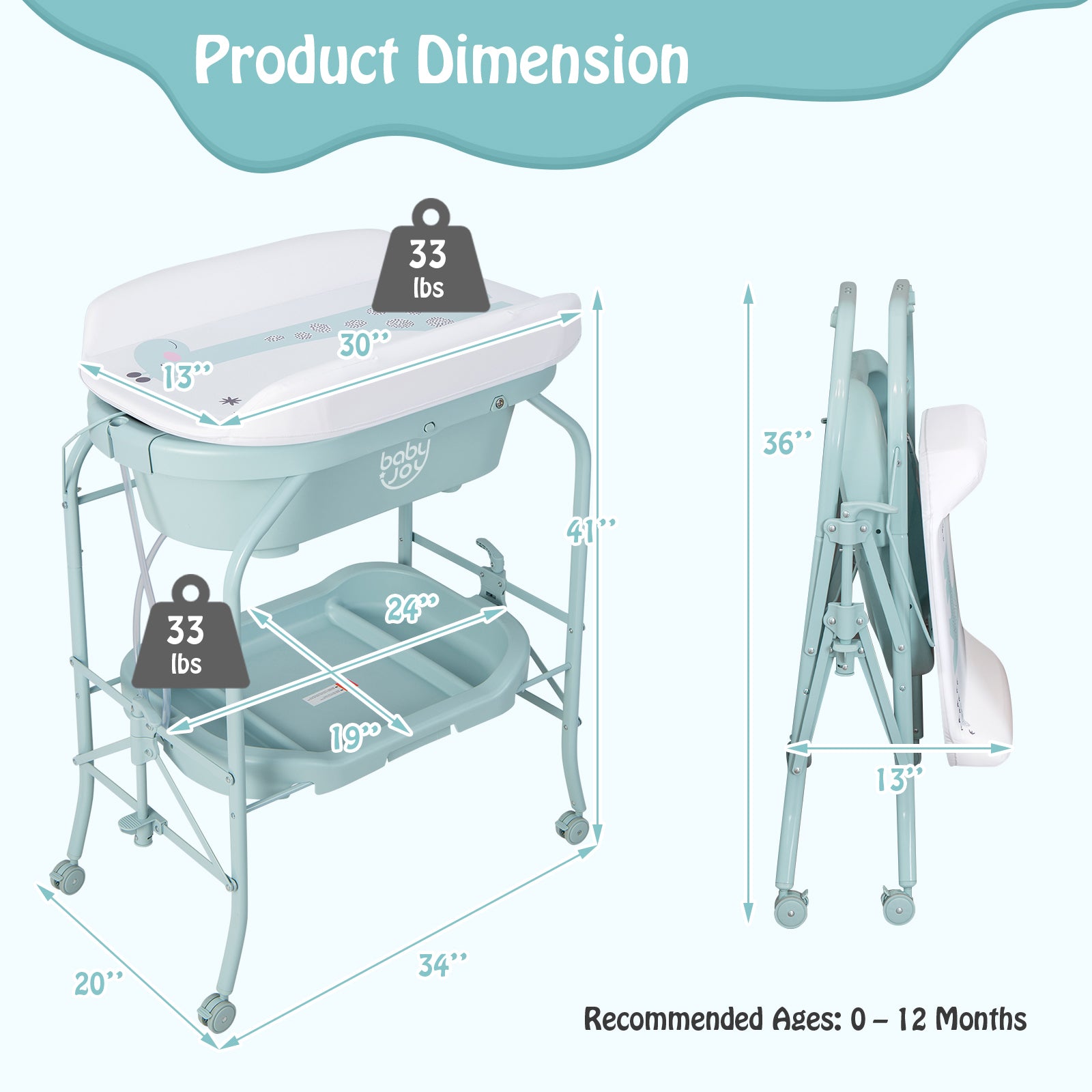 Folding Baby Changing Table with Bathtub and 4 Universal Wheels, Blue Changing Tables at Gallery Canada