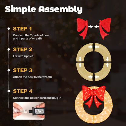 48 Inch Pre-Lit Lighted Christmas Mesh Wreath with Large Bow and 200 LED Bulbs, Yellow Christmas Decor & Accessories at Gallery Canada