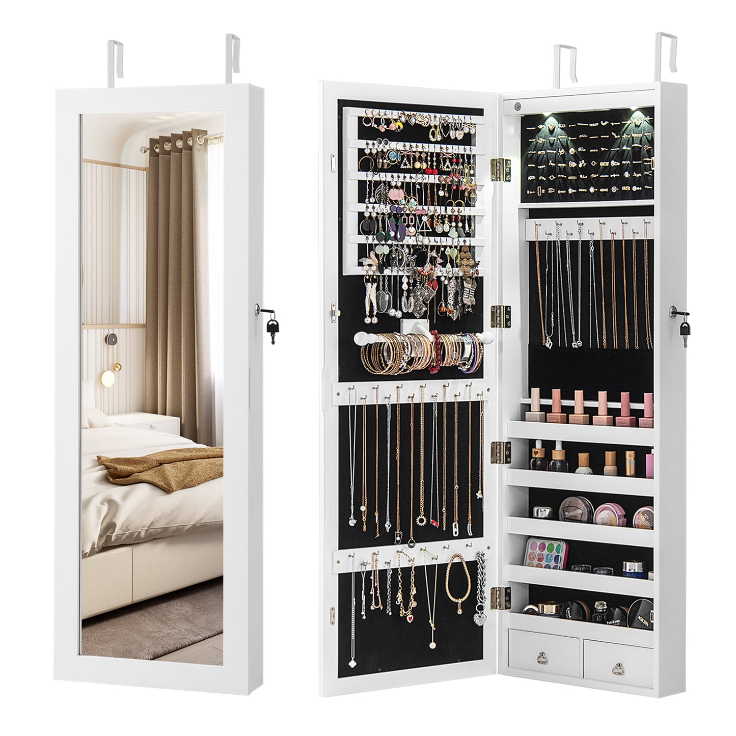 Lockable Wall Mount Mirrored Jewelry Cabinet with LED Lights, White Jewelry Armoires White at Gallery Canada