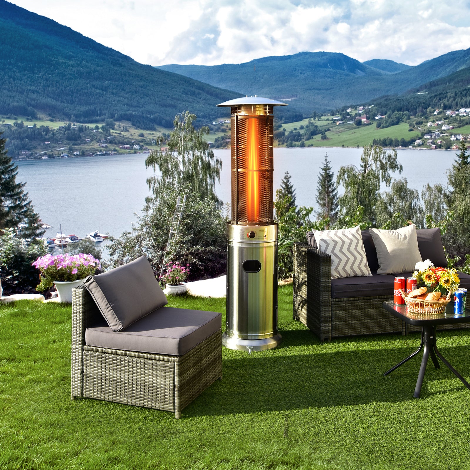 40000 BTU Stainless Steel Round Glass Tube Patio Heaters, Silver Patio Heaters at Gallery Canada