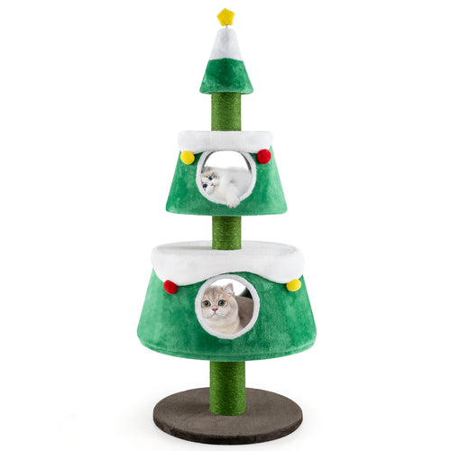 Christmas Cat Tree for Indoor Cats Cute Holiday Cat Tower with 2 Condos, Green