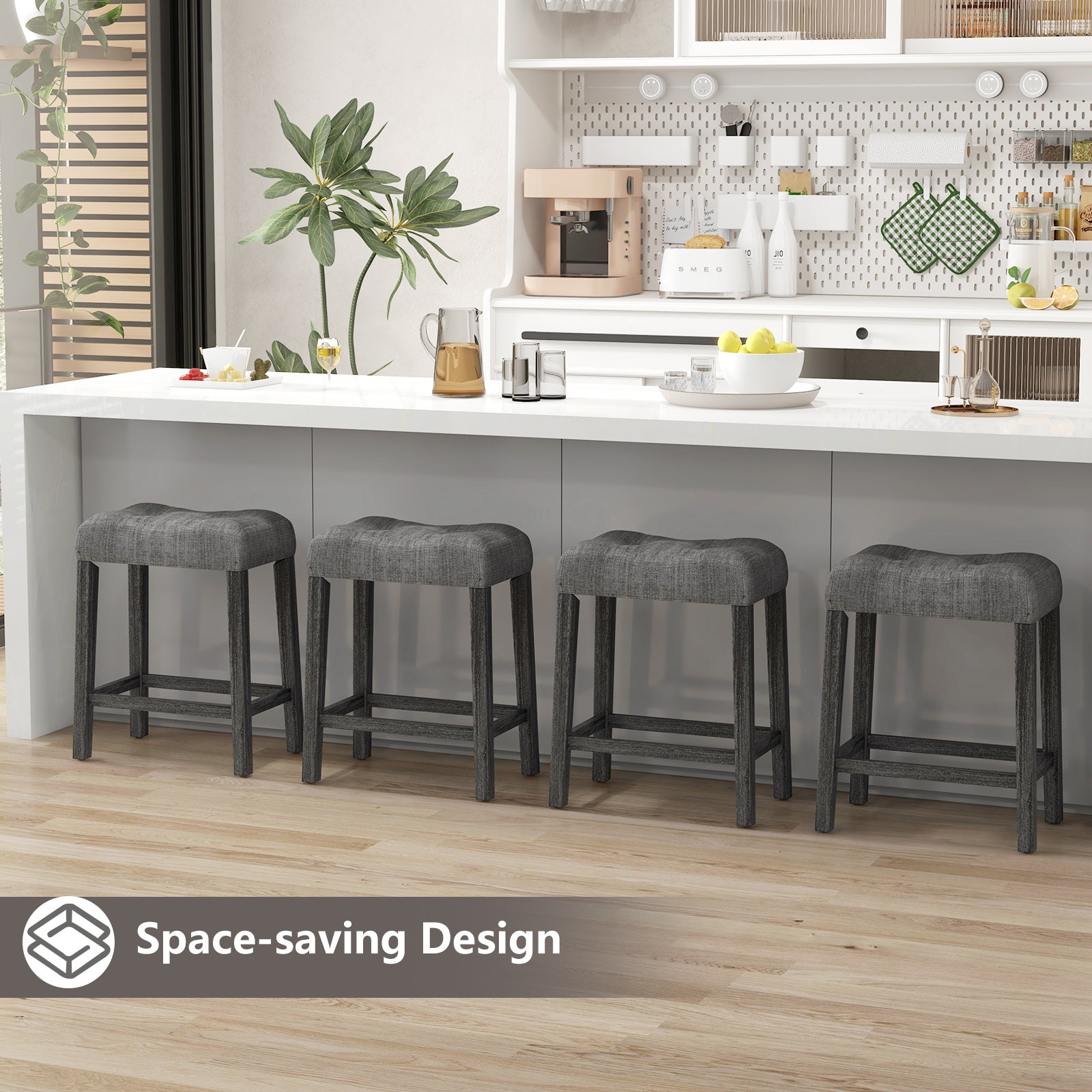 24 Inch Set of 2 Saddle Bar Stools with Padded Seat, Gray Bar Stools at Gallery Canada