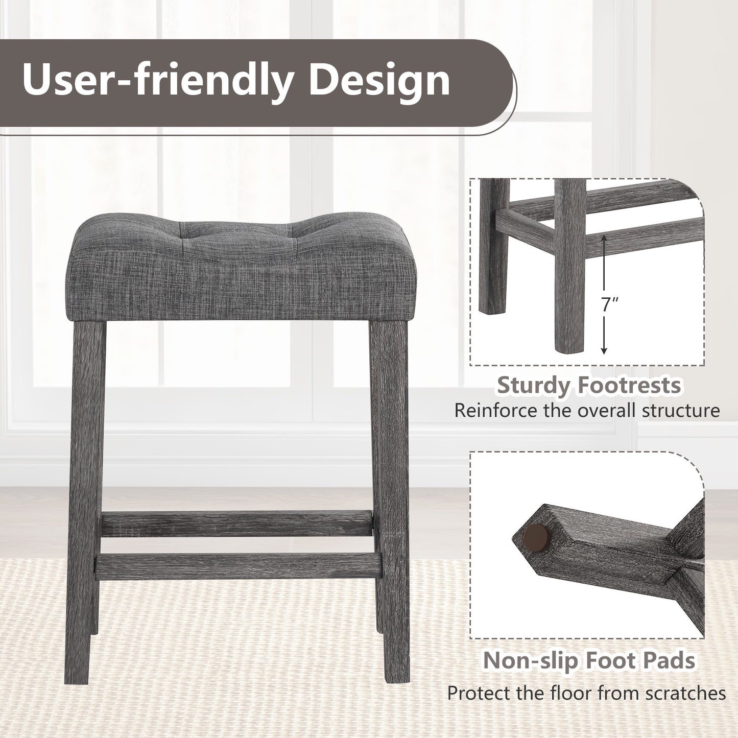 24 Inch Set of 2 Saddle Bar Stools with Padded Seat, Gray Bar Stools at Gallery Canada