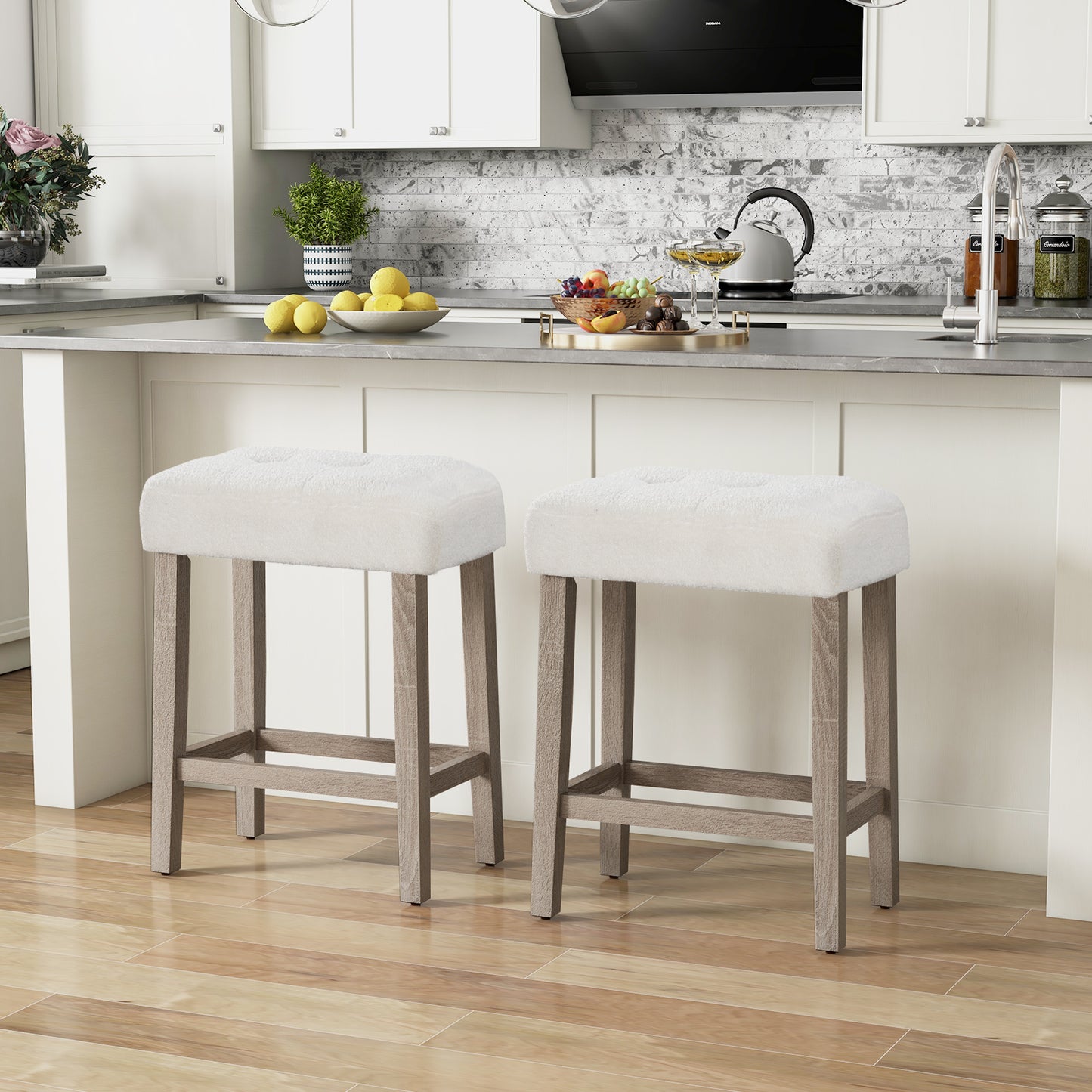 Modern Counter Height Bar Stools Set of 2 with Rubber Wood Legs-White and Gray, White Bar Stools at Gallery Canada